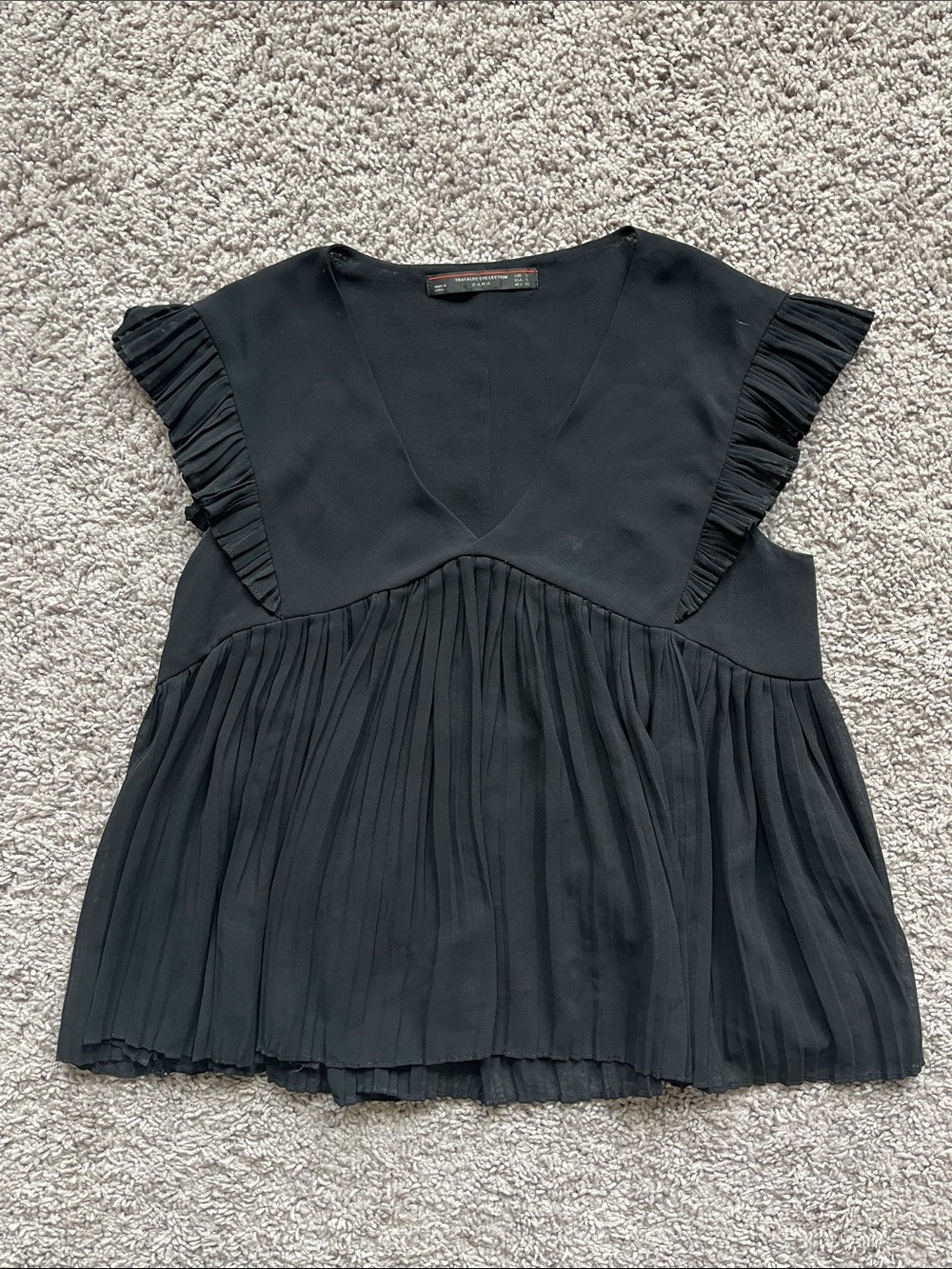 Zara Black Pleated V-Neck Flutter Sleeve Top